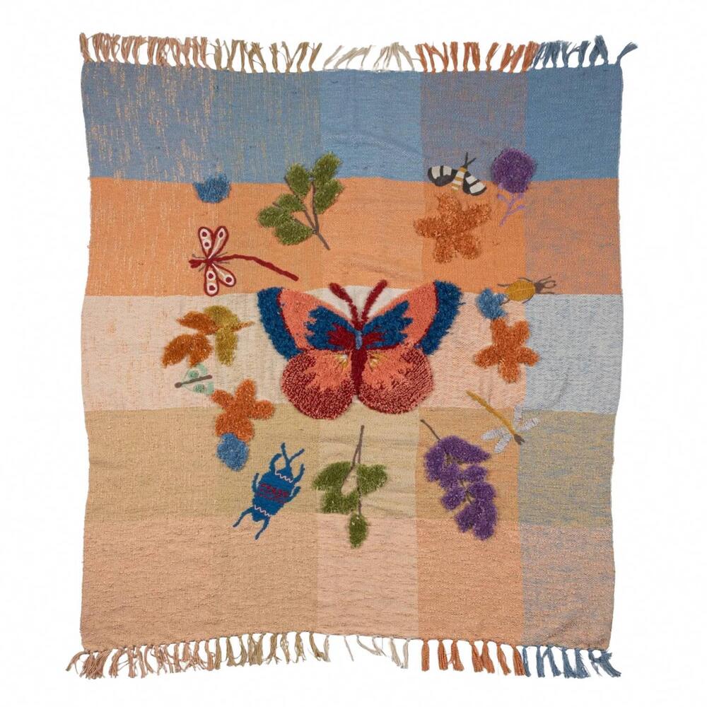 NEW CREATIVE CO-OP tufted & embroidered butterfly & insect woven throw blanket -